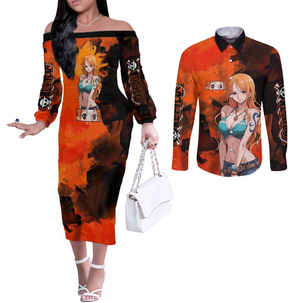 Nami One Piece Orange and Black Theme Couples Matching Off The Shoulder Long Sleeve Dress and Long Sleeve Button Shirt with Navigator Pose and Weather Staff Design - The Mazicc