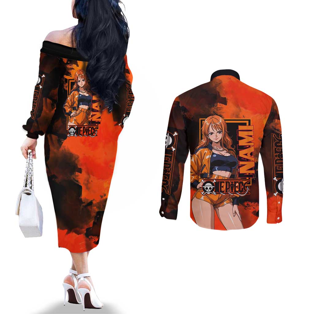 Nami One Piece Orange and Black Theme Couples Matching Off The Shoulder Long Sleeve Dress and Long Sleeve Button Shirt with Navigator Pose and Weather Staff Design - The Mazicc