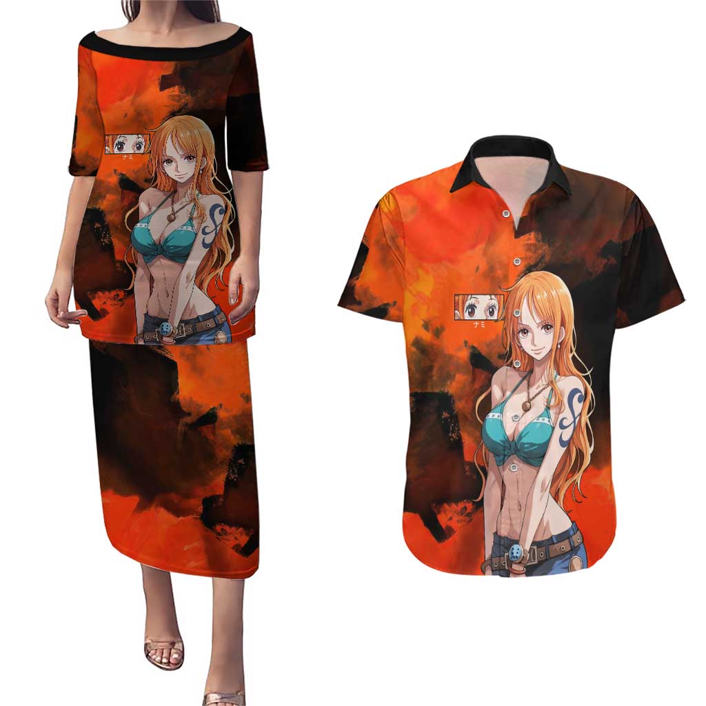 Nami One Piece Orange and Black Theme Couples Matching Puletasi and Hawaiian Shirt with Navigator Pose and Weather Staff Design - The Mazicc