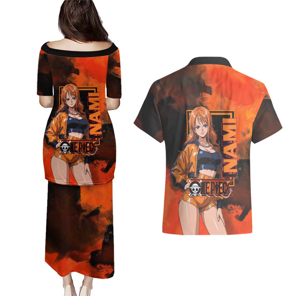 Nami One Piece Orange and Black Theme Couples Matching Puletasi and Hawaiian Shirt with Navigator Pose and Weather Staff Design - The Mazicc