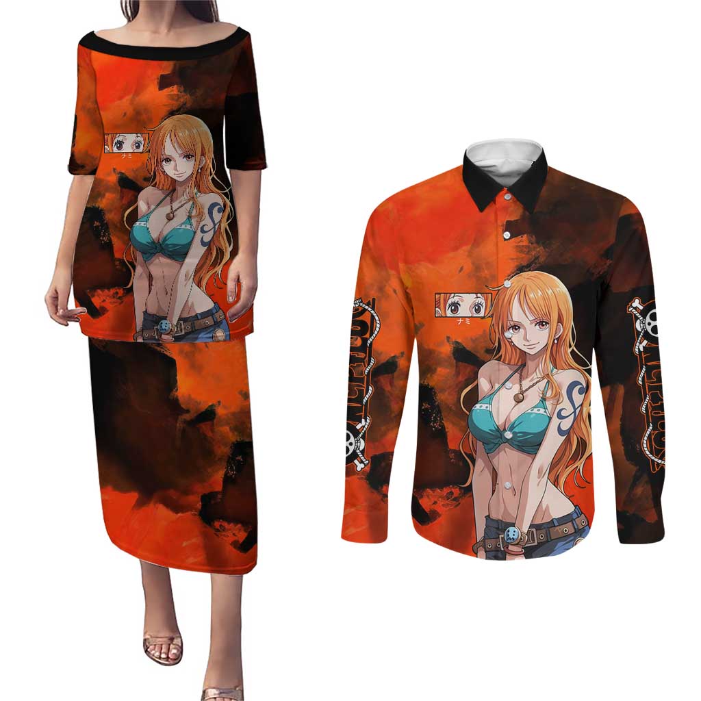 Nami One Piece Orange and Black Theme Couples Matching Puletasi and Long Sleeve Button Shirt with Navigator Pose and Weather Staff Design - The Mazicc