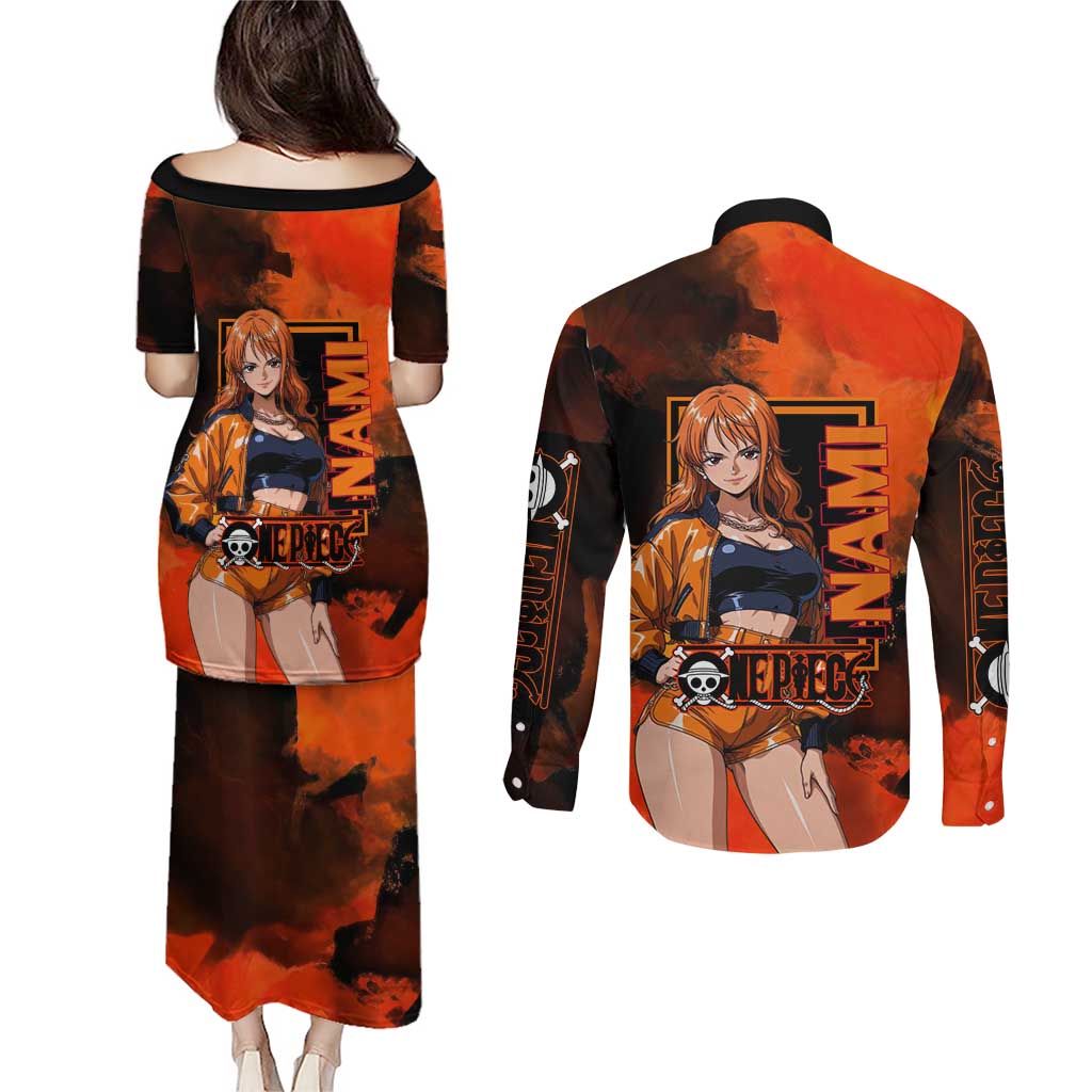 Nami One Piece Orange and Black Theme Couples Matching Puletasi and Long Sleeve Button Shirt with Navigator Pose and Weather Staff Design - The Mazicc