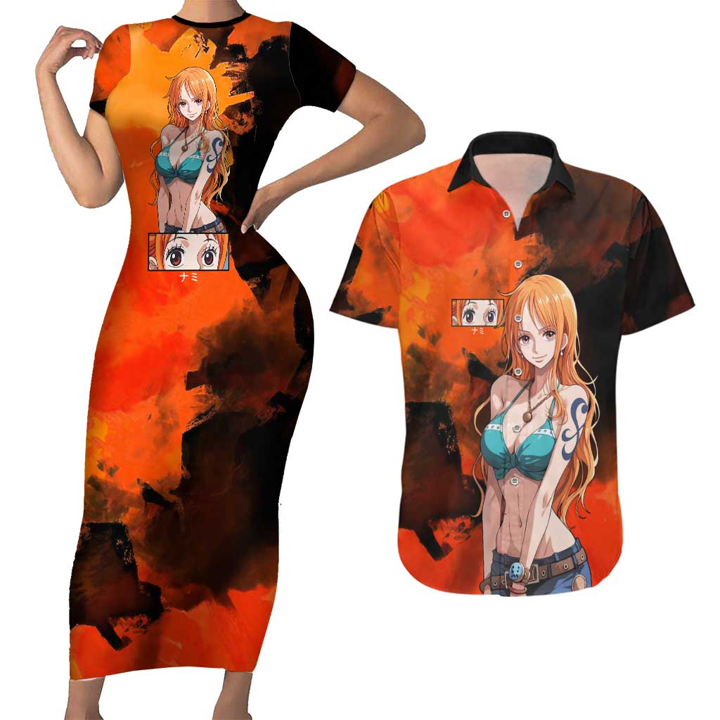 Nami One Piece Orange and Black Theme Couples Matching Short Sleeve Bodycon Dress and Hawaiian Shirt with Navigator Pose and Weather Staff Design - The Mazicc