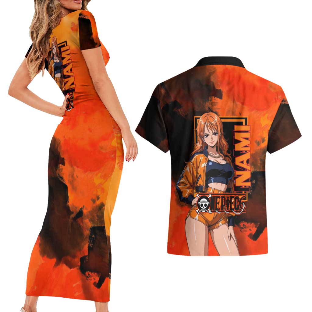 Nami One Piece Orange and Black Theme Couples Matching Short Sleeve Bodycon Dress and Hawaiian Shirt with Navigator Pose and Weather Staff Design - The Mazicc