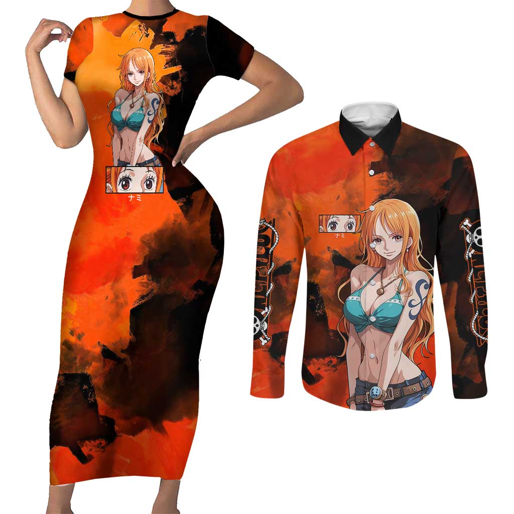 Nami One Piece Orange and Black Theme Couples Matching Short Sleeve Bodycon Dress and Long Sleeve Button Shirt with Navigator Pose and Weather Staff Design - The Mazicc