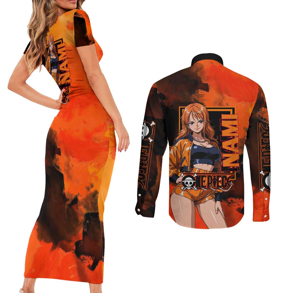 Nami One Piece Orange and Black Theme Couples Matching Short Sleeve Bodycon Dress and Long Sleeve Button Shirt with Navigator Pose and Weather Staff Design - The Mazicc
