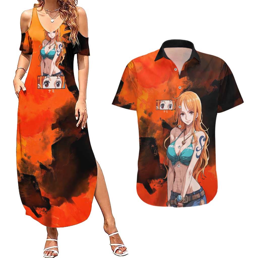 Nami One Piece Orange and Black Theme Couples Matching Summer Maxi Dress and Hawaiian Shirt with Navigator Pose and Weather Staff Design - The Mazicc