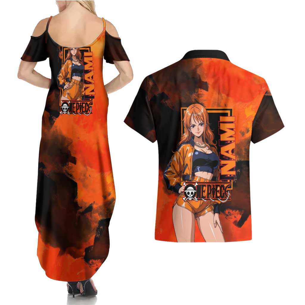 Nami One Piece Orange and Black Theme Couples Matching Summer Maxi Dress and Hawaiian Shirt with Navigator Pose and Weather Staff Design - The Mazicc