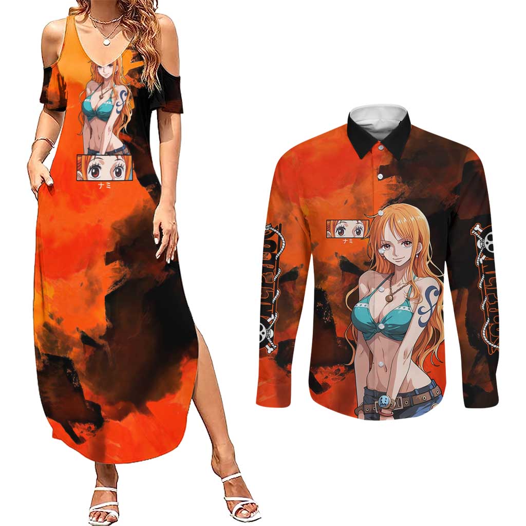Nami One Piece Orange and Black Theme Couples Matching Summer Maxi Dress and Long Sleeve Button Shirt with Navigator Pose and Weather Staff Design - The Mazicc