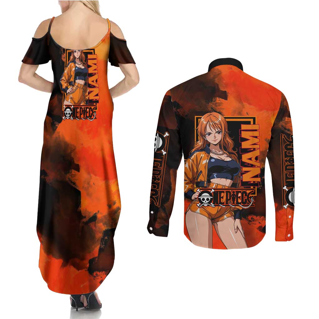 Nami One Piece Orange and Black Theme Couples Matching Summer Maxi Dress and Long Sleeve Button Shirt with Navigator Pose and Weather Staff Design - The Mazicc
