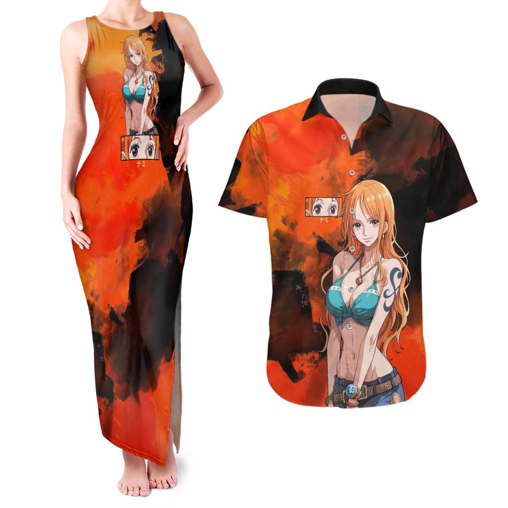 Nami One Piece Orange and Black Theme Couples Matching Tank Maxi Dress and Hawaiian Shirt with Navigator Pose and Weather Staff Design - The Mazicc