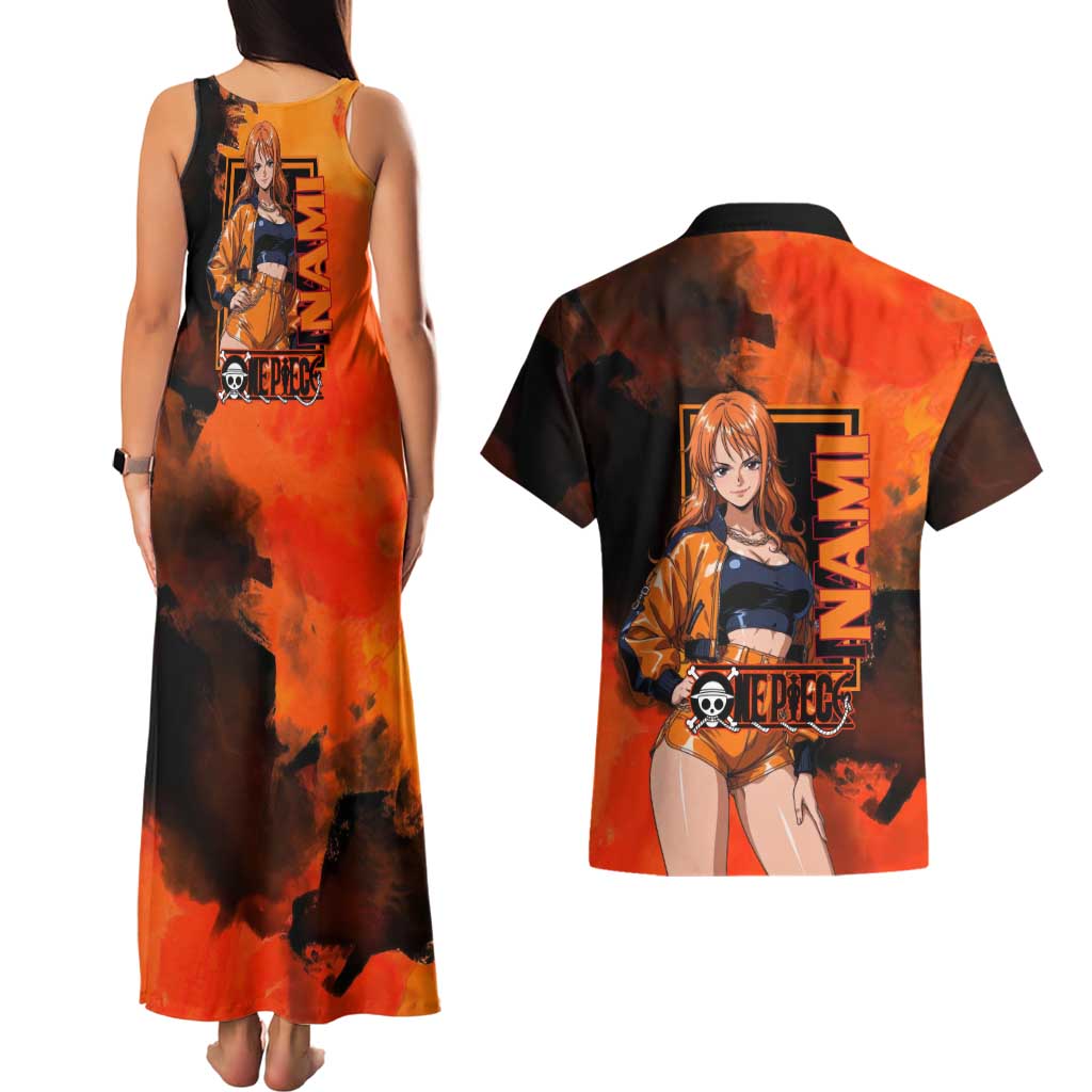 Nami One Piece Orange and Black Theme Couples Matching Tank Maxi Dress and Hawaiian Shirt with Navigator Pose and Weather Staff Design - The Mazicc