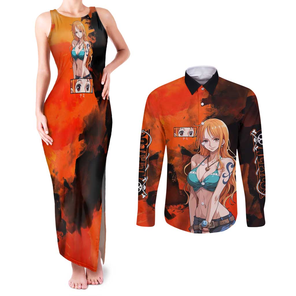 Nami One Piece Orange and Black Theme Couples Matching Tank Maxi Dress and Long Sleeve Button Shirt with Navigator Pose and Weather Staff Design - The Mazicc