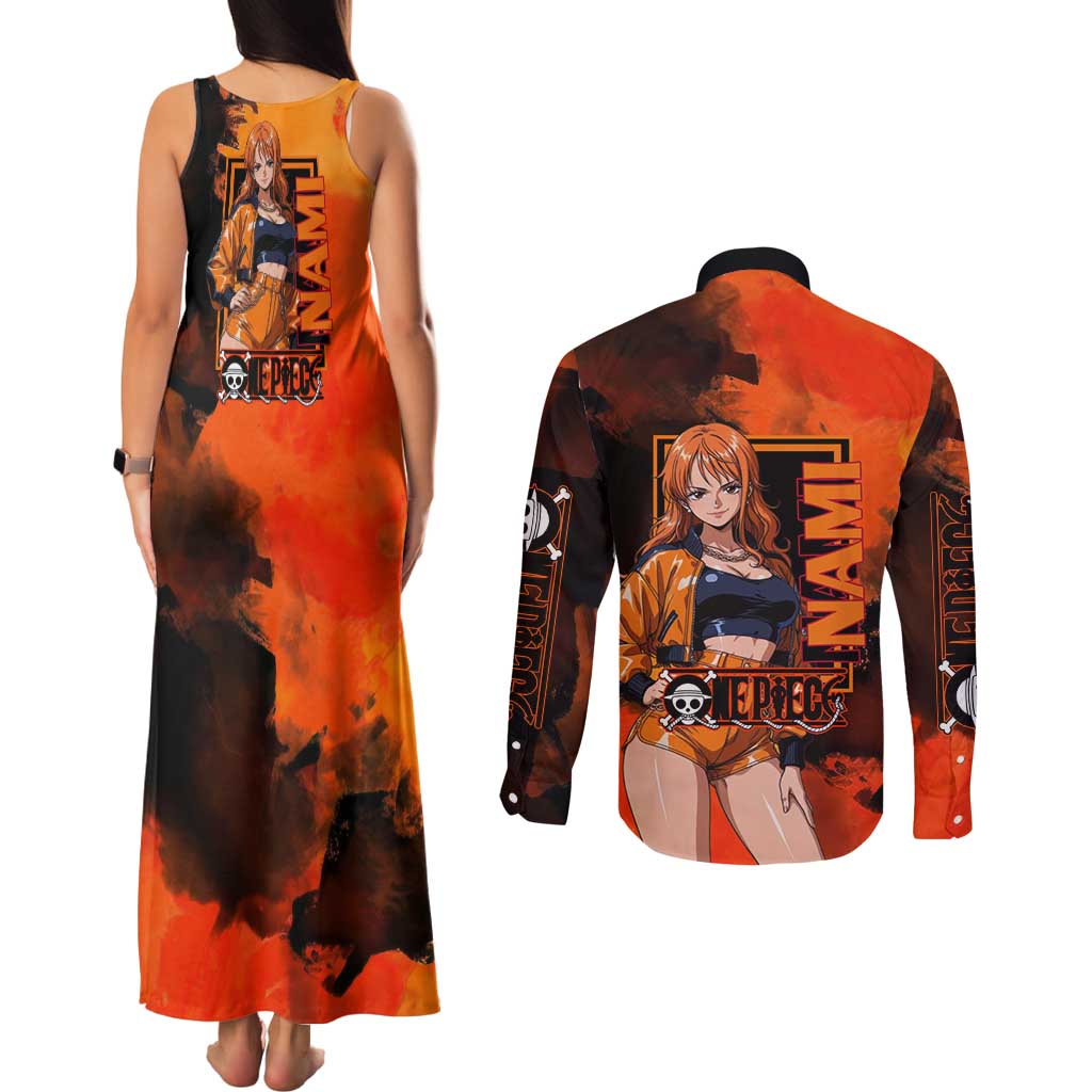 Nami One Piece Orange and Black Theme Couples Matching Tank Maxi Dress and Long Sleeve Button Shirt with Navigator Pose and Weather Staff Design - The Mazicc