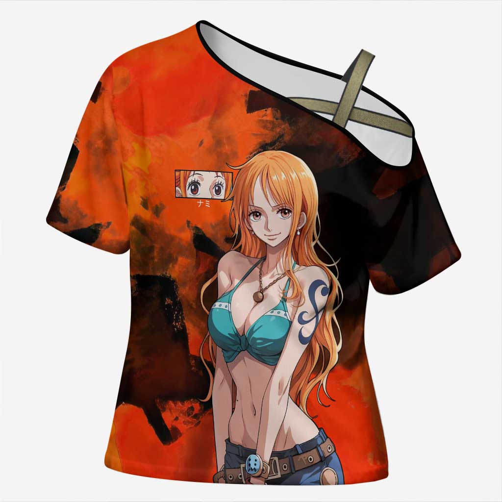 Nami One Piece Orange and Black Theme Cross Shoulder Shirt with Navigator Pose and Weather Staff Design - The Mazicc