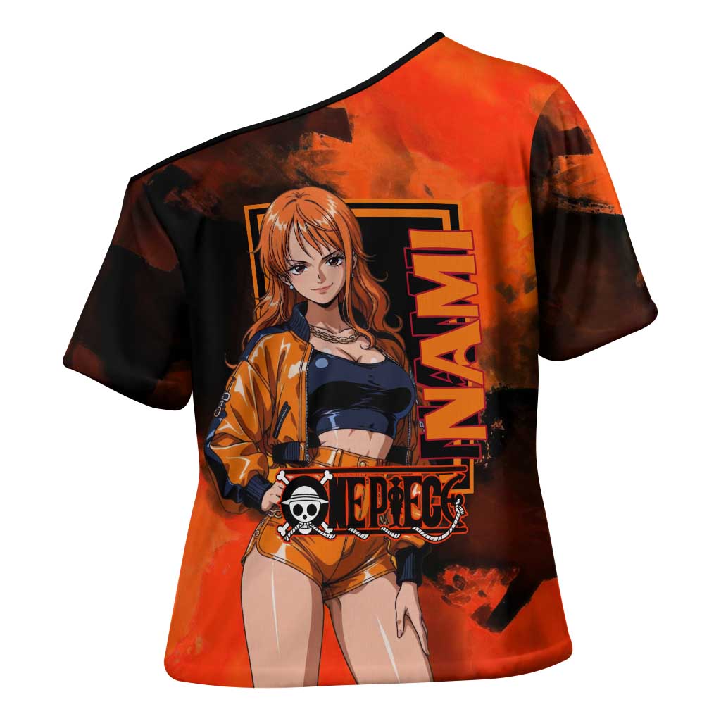 Nami One Piece Orange and Black Theme Cross Shoulder Shirt with Navigator Pose and Weather Staff Design - The Mazicc