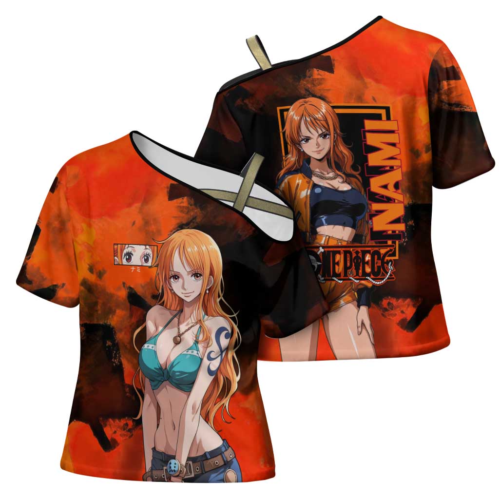Nami One Piece Orange and Black Theme Cross Shoulder Shirt with Navigator Pose and Weather Staff Design - The Mazicc