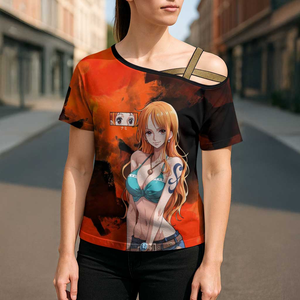 Nami One Piece Orange and Black Theme Cross Shoulder Shirt with Navigator Pose and Weather Staff Design - The Mazicc