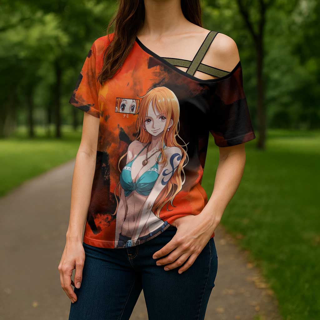 Nami One Piece Orange and Black Theme Cross Shoulder Shirt with Navigator Pose and Weather Staff Design - The Mazicc