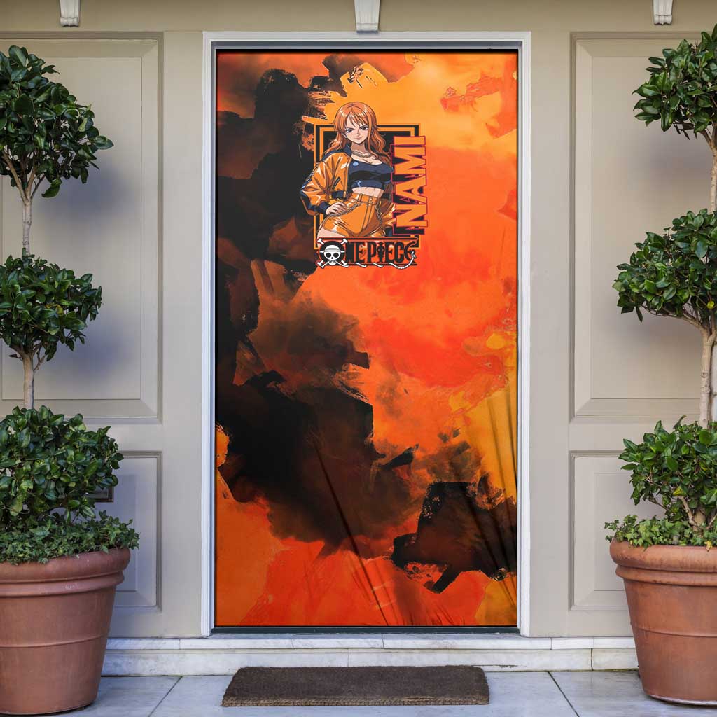 Nami One Piece Orange and Black Theme Door Cover with Navigator Pose and Weather Staff Design - The Mazicc