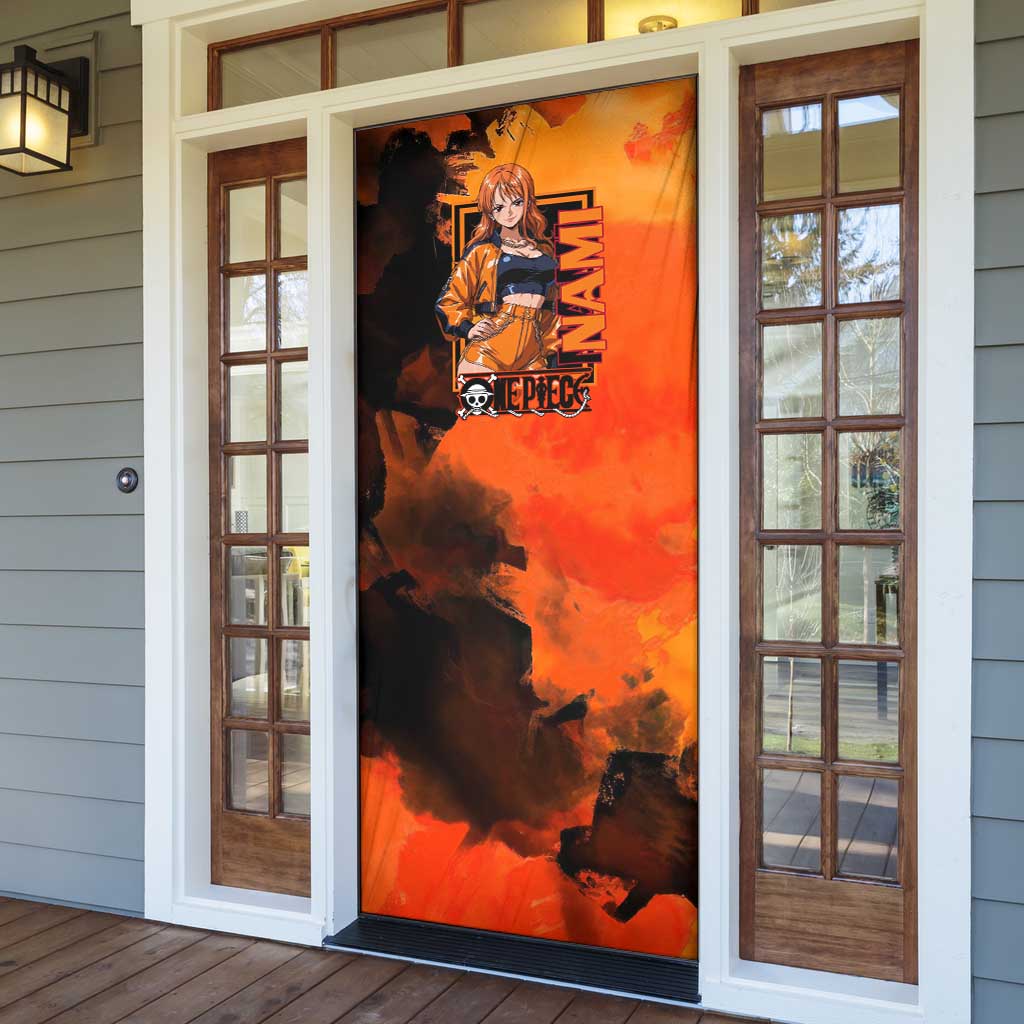 Nami One Piece Orange and Black Theme Door Cover with Navigator Pose and Weather Staff Design - The Mazicc