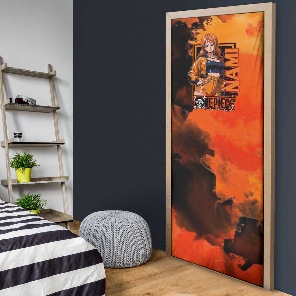 Nami One Piece Orange and Black Theme Door Cover with Navigator Pose and Weather Staff Design - The Mazicc