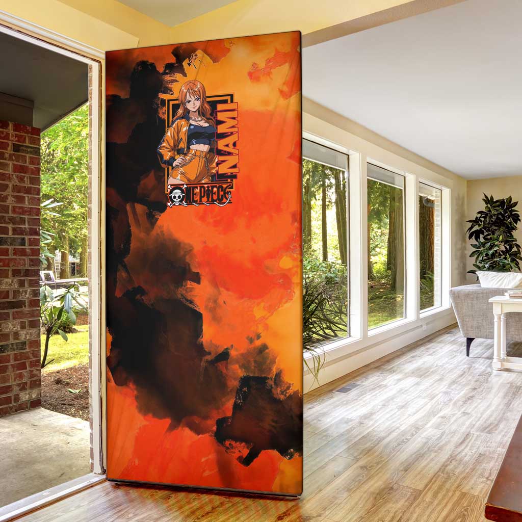 Nami One Piece Orange and Black Theme Door Cover with Navigator Pose and Weather Staff Design - The Mazicc