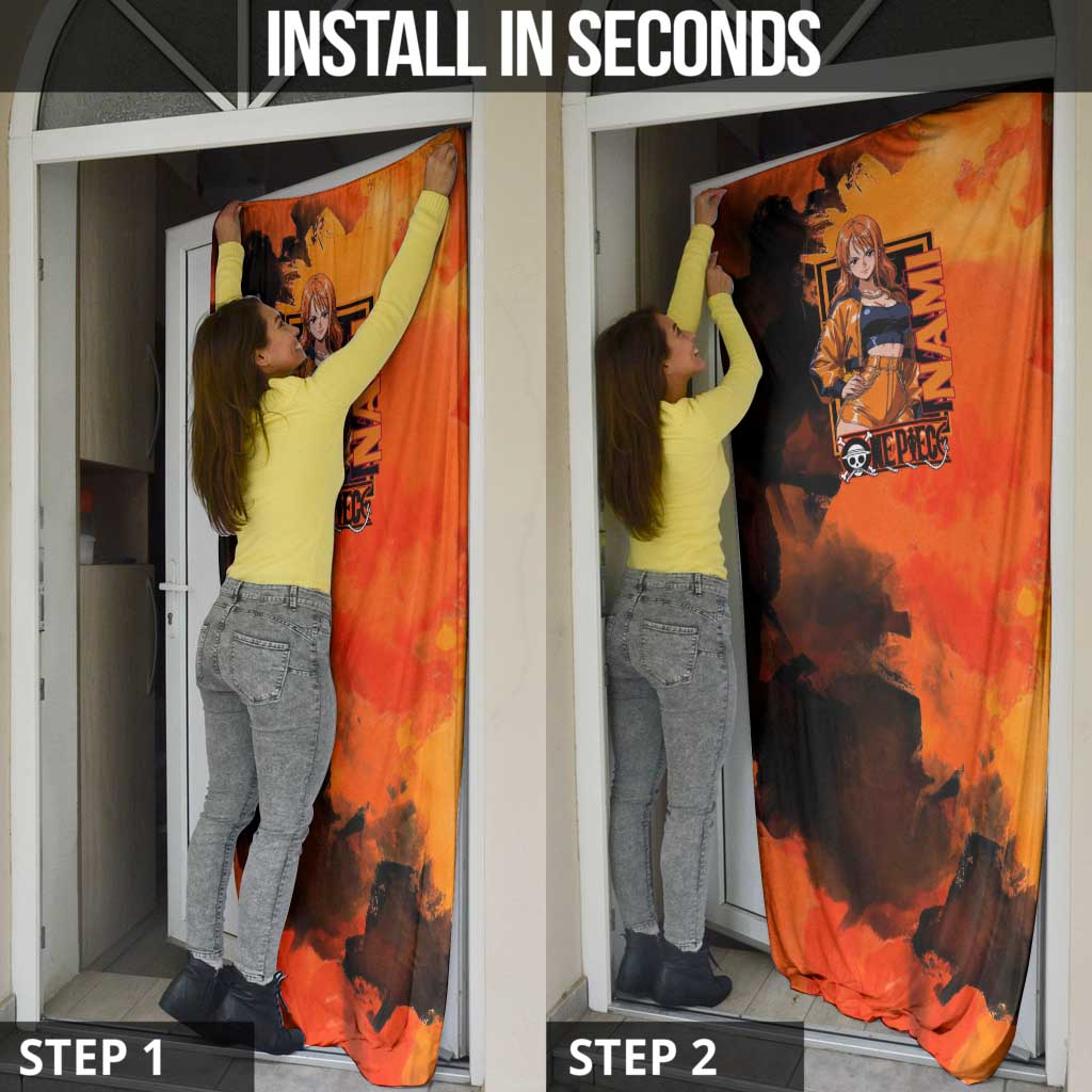 Nami One Piece Orange and Black Theme Door Cover with Navigator Pose and Weather Staff Design - The Mazicc