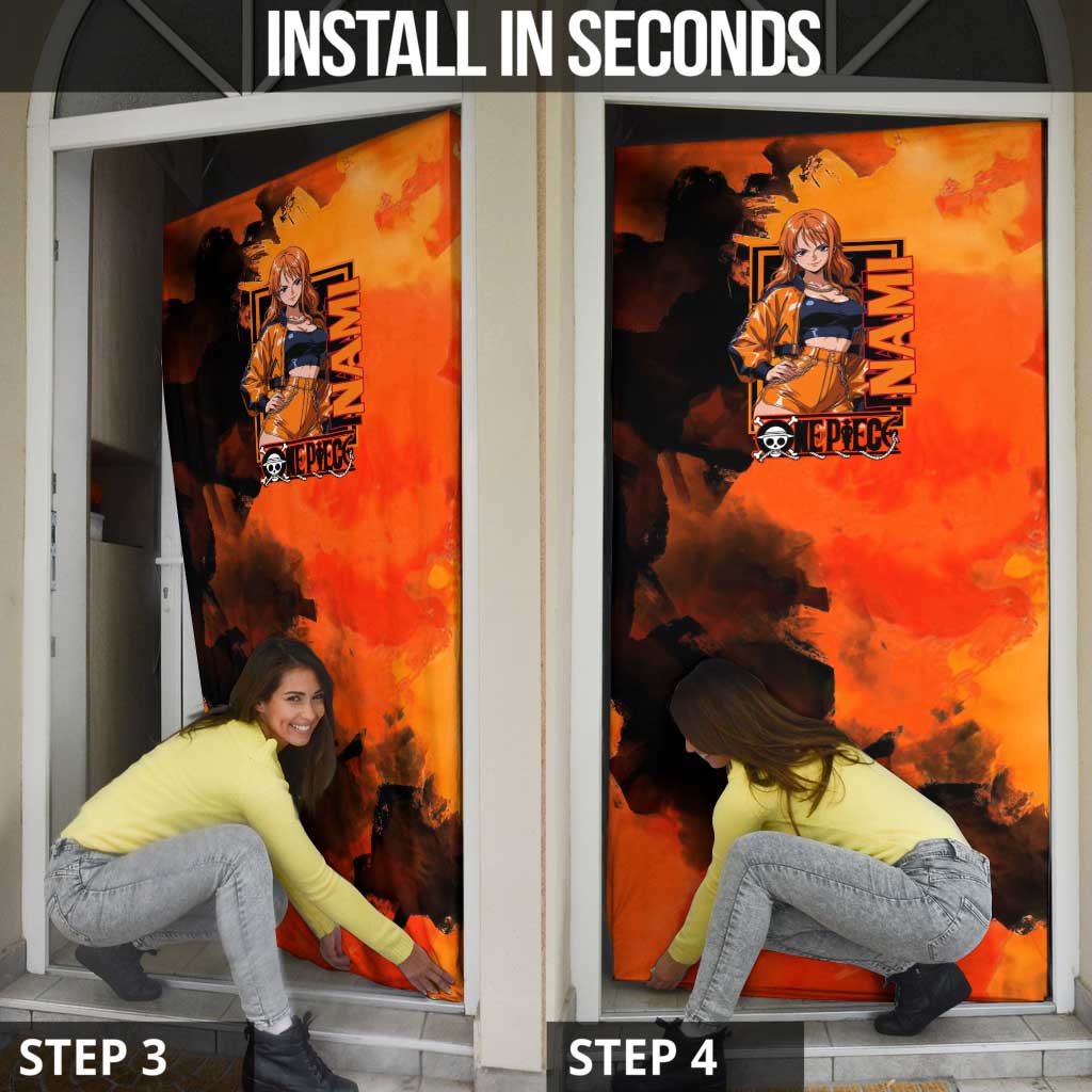 Nami One Piece Orange and Black Theme Door Cover with Navigator Pose and Weather Staff Design - The Mazicc