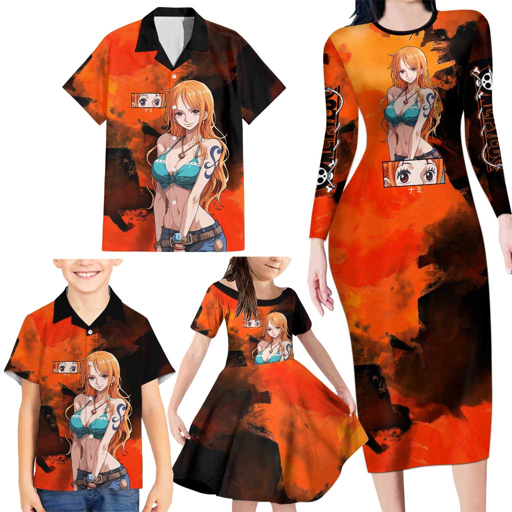 Nami One Piece Orange and Black Theme Family Matching Long Sleeve Bodycon Dress and Hawaiian Shirt with Navigator Pose and Weather Staff Design