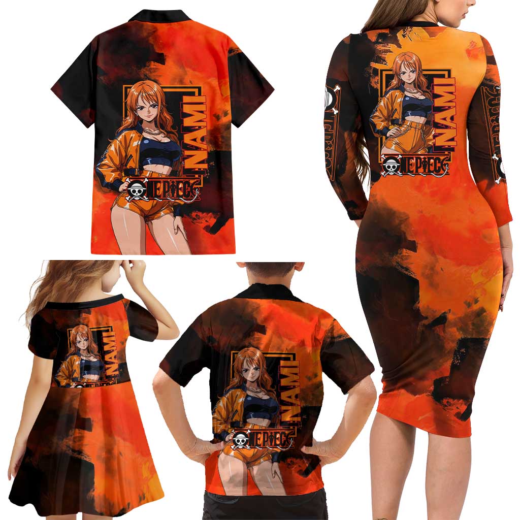 Nami One Piece Orange and Black Theme Family Matching Long Sleeve Bodycon Dress and Hawaiian Shirt with Navigator Pose and Weather Staff Design