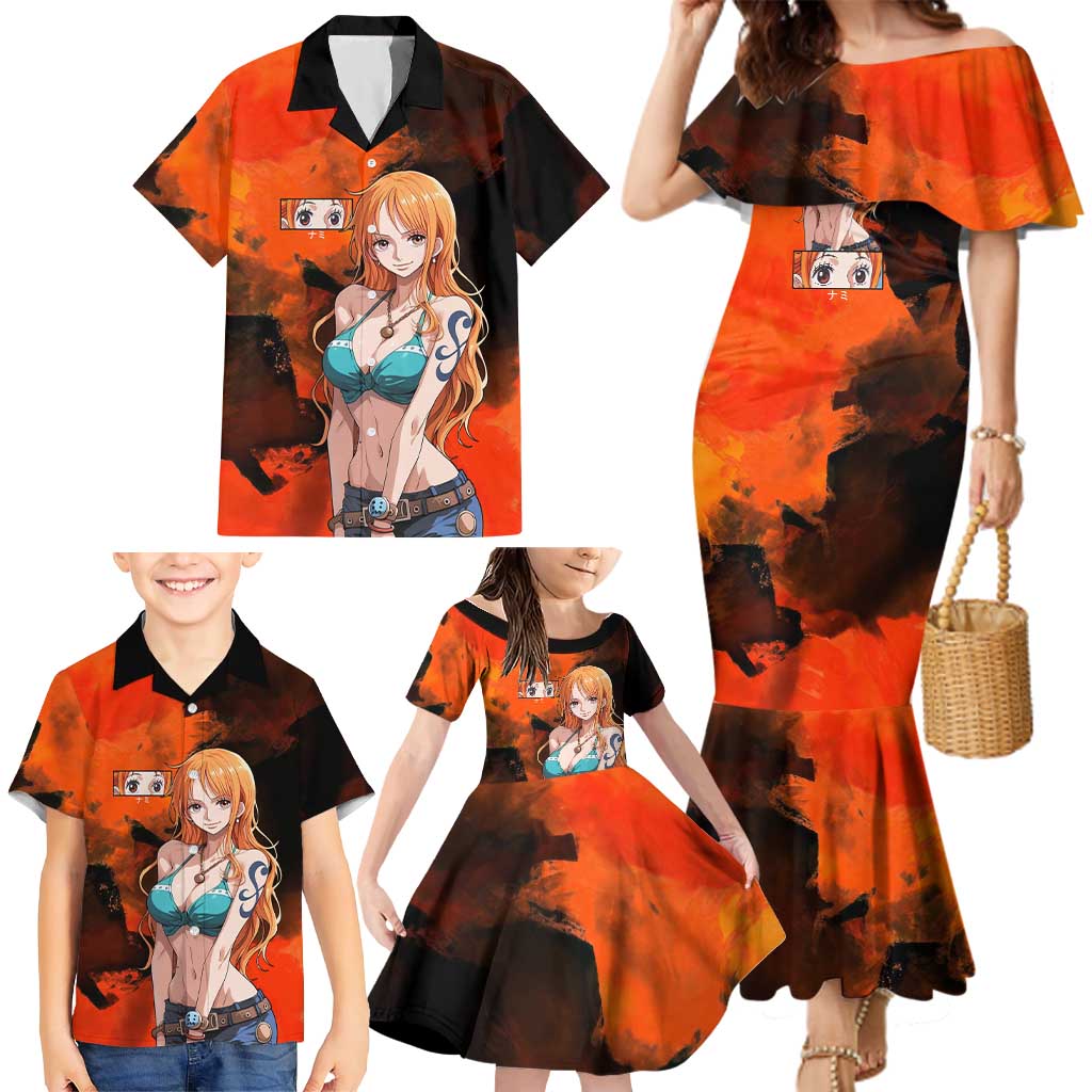 Nami One Piece Orange and Black Theme Family Matching Mermaid Dress and Hawaiian Shirt with Navigator Pose and Weather Staff Design