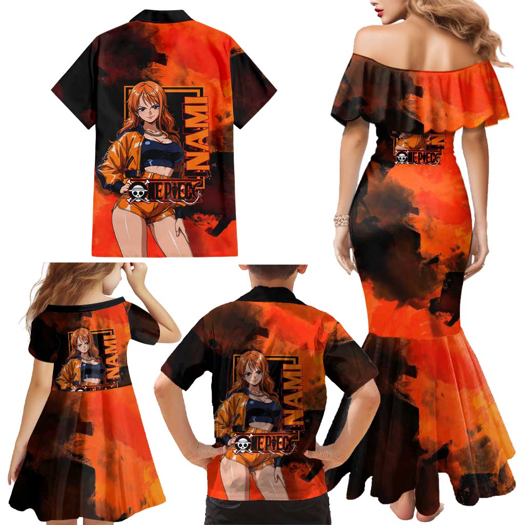 Nami One Piece Orange and Black Theme Family Matching Mermaid Dress and Hawaiian Shirt with Navigator Pose and Weather Staff Design