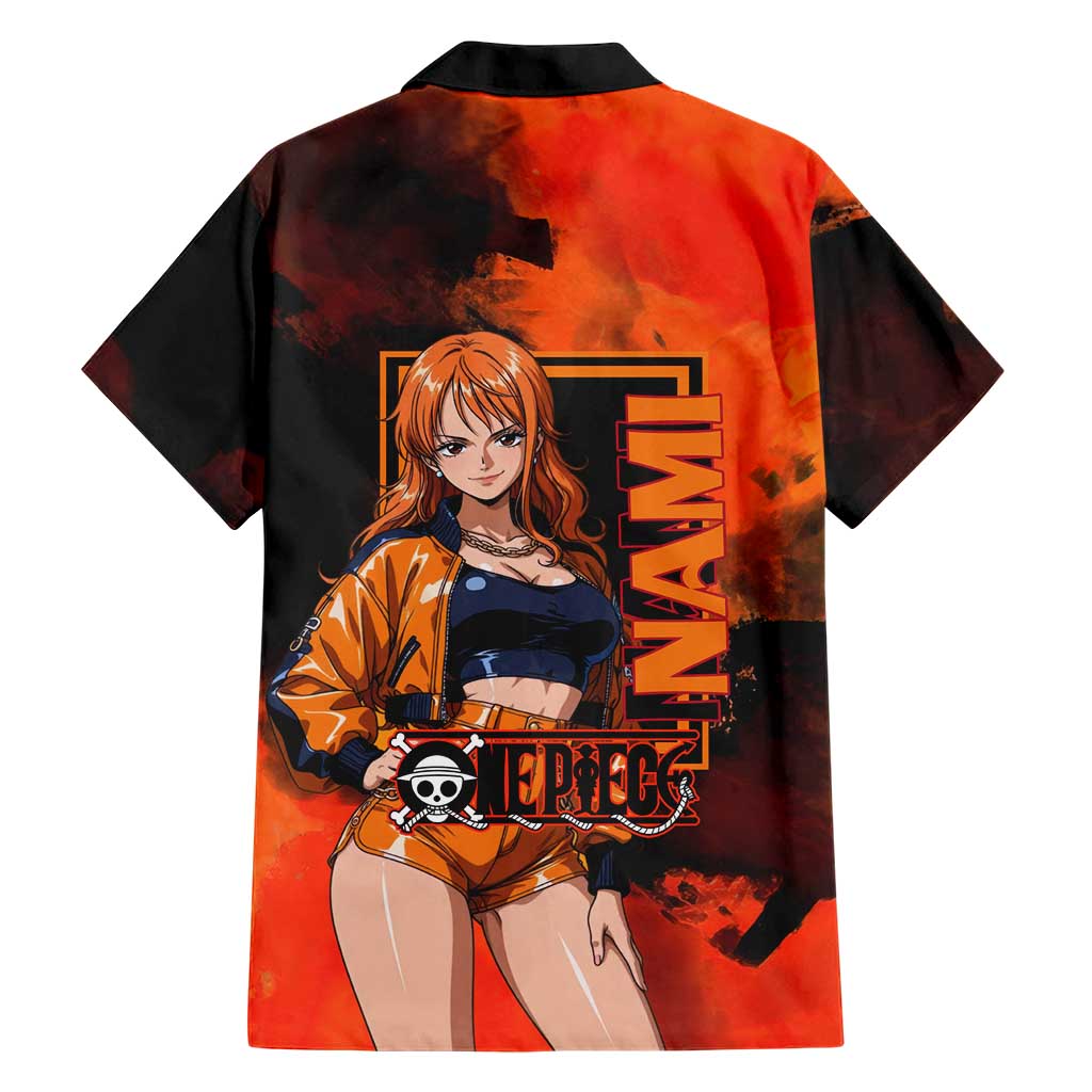 Nami One Piece Orange and Black Theme Family Matching Mermaid Dress and Hawaiian Shirt with Navigator Pose and Weather Staff Design