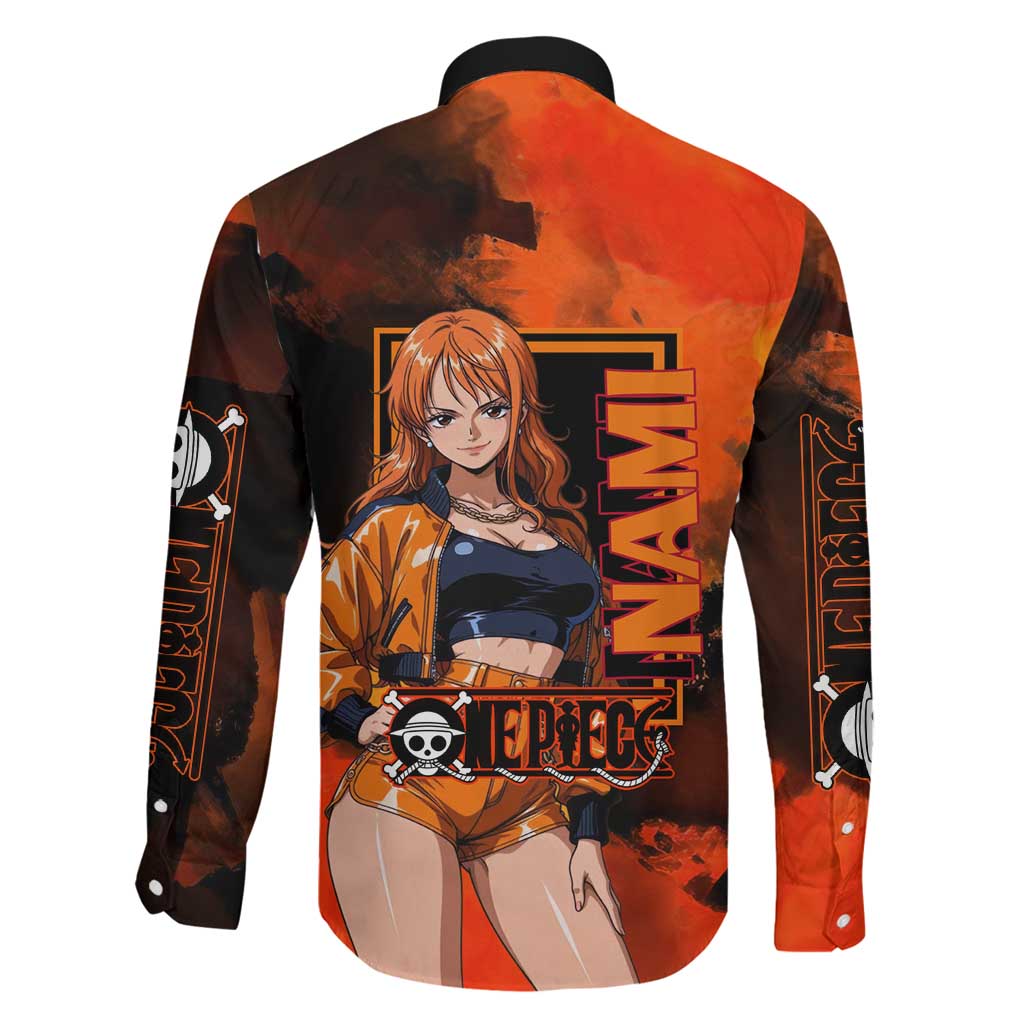 Nami One Piece Orange and Black Theme Family Matching Mermaid Dress and Hawaiian Shirt with Navigator Pose and Weather Staff Design