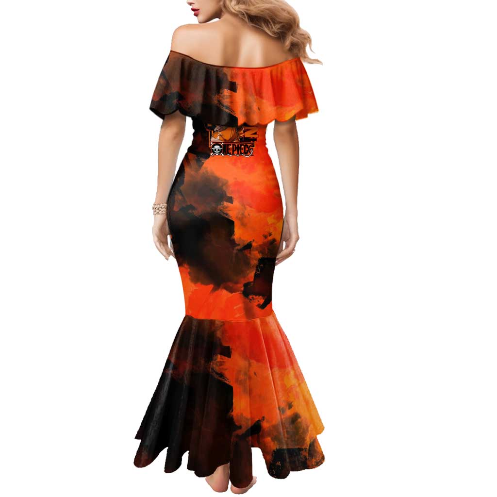 Nami One Piece Orange and Black Theme Family Matching Mermaid Dress and Hawaiian Shirt with Navigator Pose and Weather Staff Design