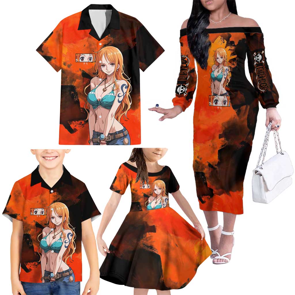 Nami One Piece Orange and Black Theme Family Matching Off The Shoulder Long Sleeve Dress and Hawaiian Shirt with Navigator Pose and Weather Staff Design