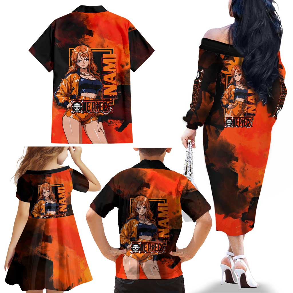 Nami One Piece Orange and Black Theme Family Matching Off The Shoulder Long Sleeve Dress and Hawaiian Shirt with Navigator Pose and Weather Staff Design