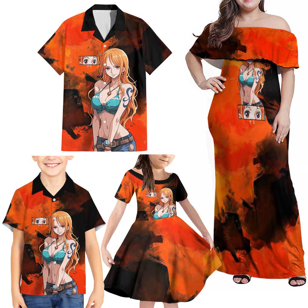Nami One Piece Orange and Black Theme Family Matching Off Shoulder Maxi Dress and Hawaiian Shirt with Navigator Pose and Weather Staff Design