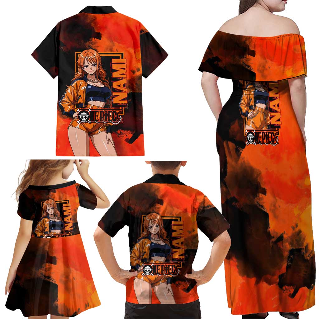 Nami One Piece Orange and Black Theme Family Matching Off Shoulder Maxi Dress and Hawaiian Shirt with Navigator Pose and Weather Staff Design