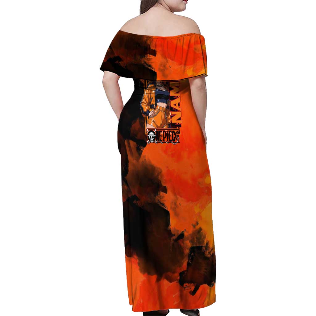 Nami One Piece Orange and Black Theme Family Matching Off Shoulder Maxi Dress and Hawaiian Shirt with Navigator Pose and Weather Staff Design