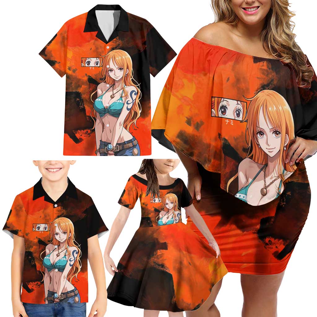 Nami One Piece Orange and Black Theme Family Matching Off Shoulder Short Dress and Hawaiian Shirt with Navigator Pose and Weather Staff Design