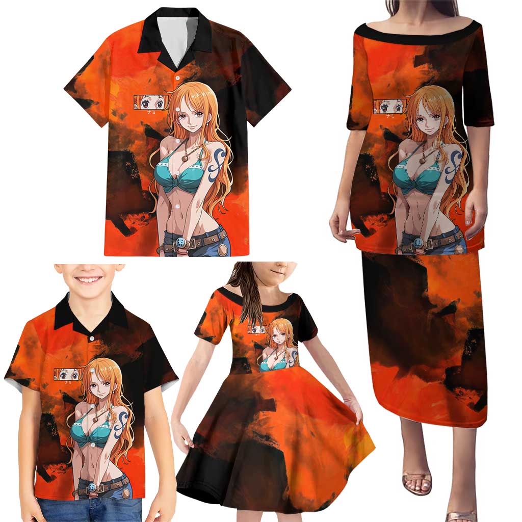 Nami One Piece Orange and Black Theme Family Matching Puletasi and Hawaiian Shirt with Navigator Pose and Weather Staff Design