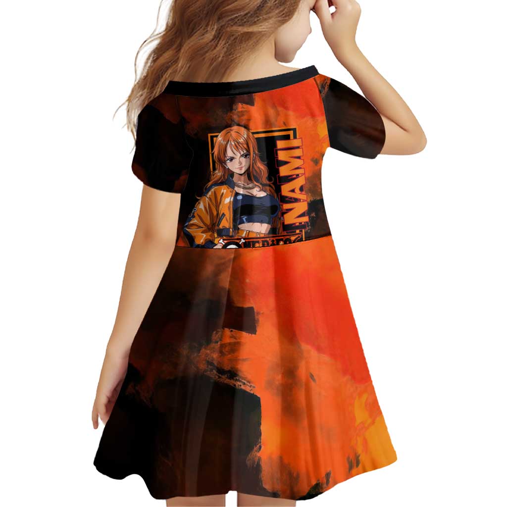 Nami One Piece Orange and Black Theme Family Matching Puletasi and Hawaiian Shirt with Navigator Pose and Weather Staff Design