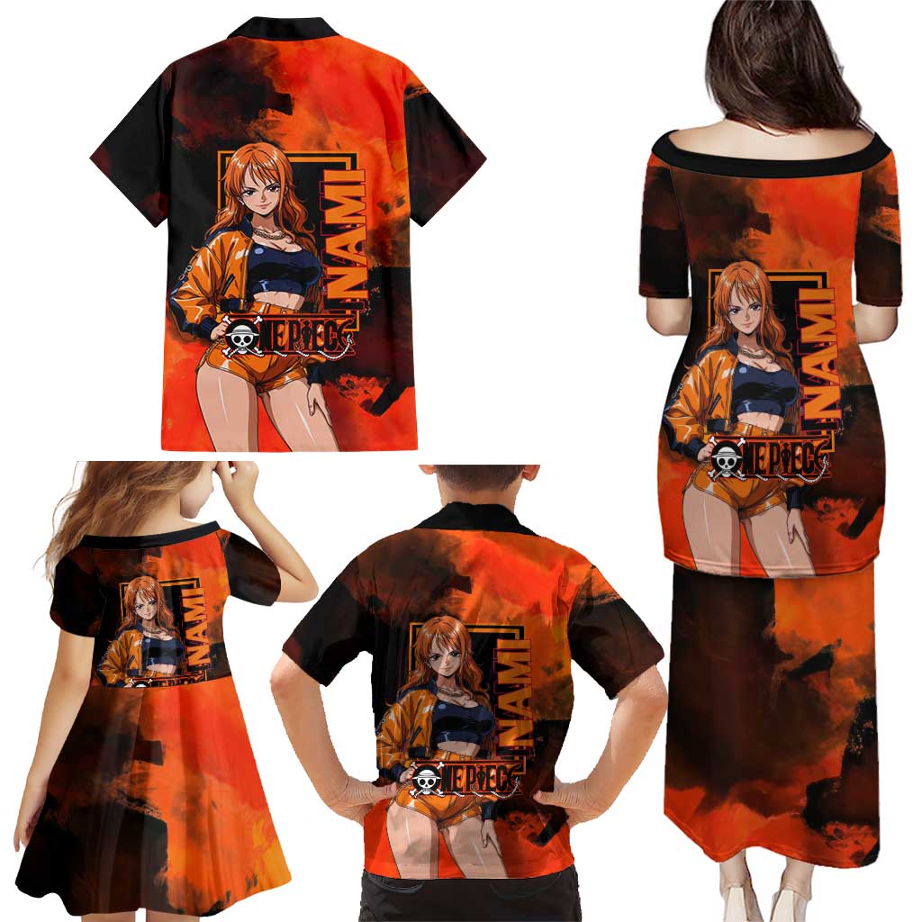 Nami One Piece Orange and Black Theme Family Matching Puletasi and Hawaiian Shirt with Navigator Pose and Weather Staff Design
