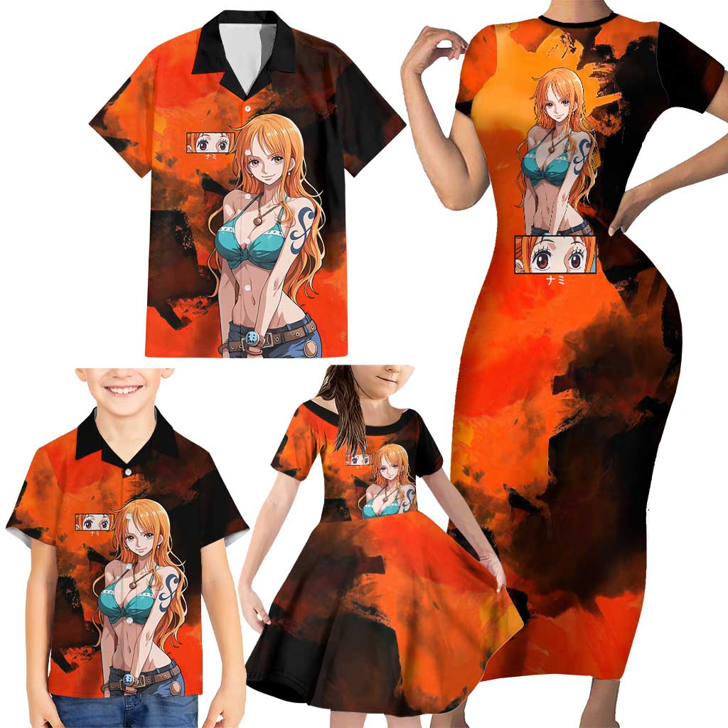 Nami One Piece Orange and Black Theme Family Matching Short Sleeve Bodycon Dress and Hawaiian Shirt with Navigator Pose and Weather Staff Design