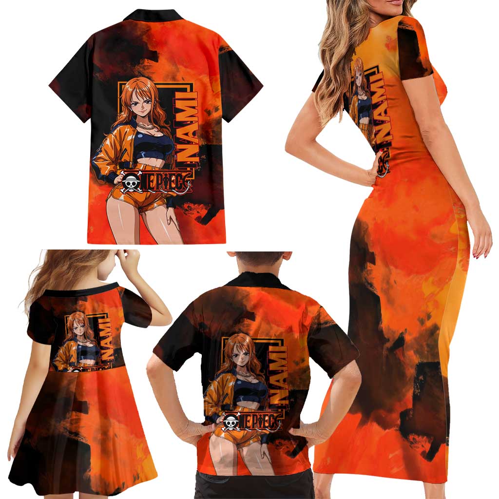 Nami One Piece Orange and Black Theme Family Matching Short Sleeve Bodycon Dress and Hawaiian Shirt with Navigator Pose and Weather Staff Design