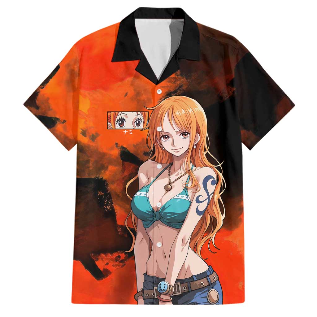 Nami One Piece Orange and Black Theme Family Matching Short Sleeve Bodycon Dress and Hawaiian Shirt with Navigator Pose and Weather Staff Design