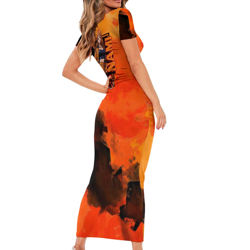 Nami One Piece Orange and Black Theme Family Matching Short Sleeve Bodycon Dress and Hawaiian Shirt with Navigator Pose and Weather Staff Design