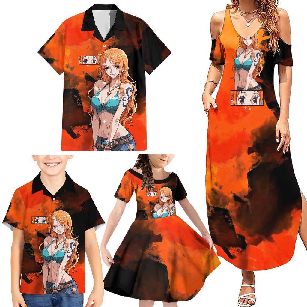 Nami One Piece Orange and Black Theme Family Matching Summer Maxi Dress and Hawaiian Shirt with Navigator Pose and Weather Staff Design